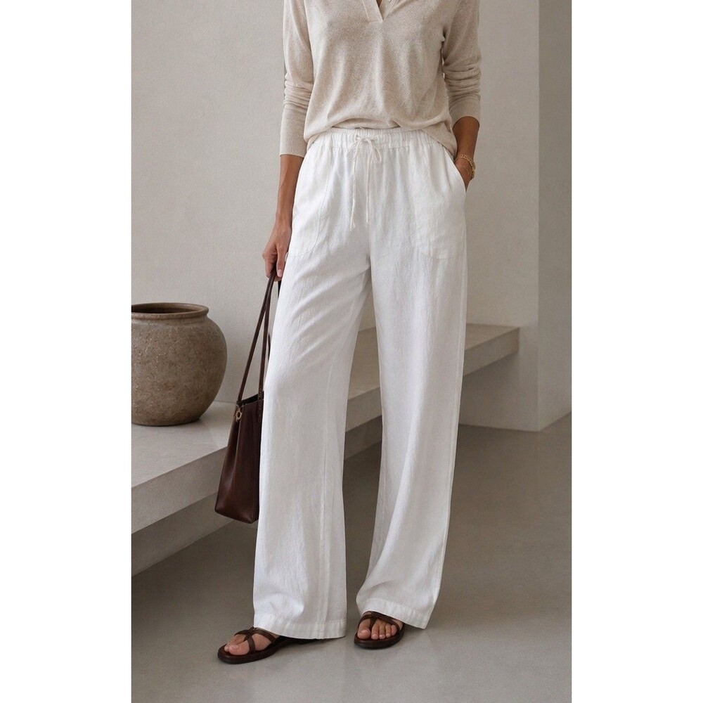 Merona White Linen Blend Pants XXL Wide Leg Drawstring Elastic Waist Resort
